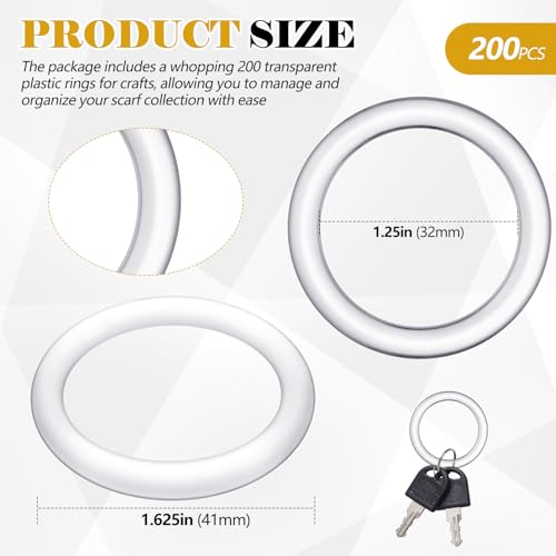 Set of 200 clear plastic scarf rings, 1-5/8 inch size, used for organizing and hanging scarves efficiently.