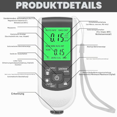 Car Paint Gauge, Paint Thickness Gauge for Car, Digital Coating Thickness Gauge with Backlight LCD Display, Thickness Gauge for Measuring Paint Thickness in the Automotive Industry
