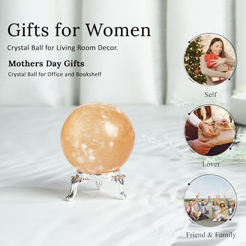 Crocon 45mm Orange Selenite Stone Sphere Ball with Metal Stand 1400+ Carats Gemstone Ball Healing Sphere Sculpture Figurine for Fengshui Divination Home Decoration Photography Crystal Sphere