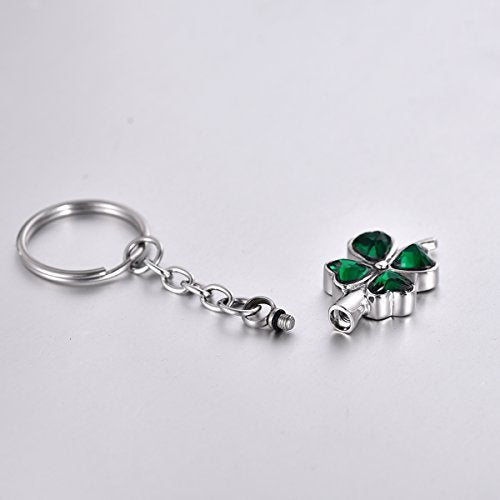 Memorial Keychain Crystal Four Leaf Clover Stainless Steel Urn for Ashes Cremation Pendant