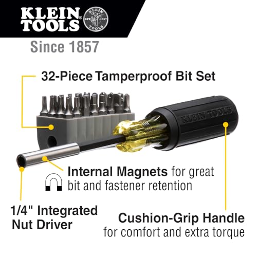 Multibit Screwdriver 32-in-1 Multi Tool, Sturdy Bit and Screw Holding Magnet, Tamperproof Torx, Hex and Torq Set, Klein Tools 32510, Grey