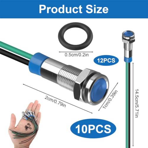 Pack of 10 6mm LED Metal Indicator Light 220V-230V Waterproof IP66, Signal Light with Cable for Dashboard, Pilot Light Set (Red/Green/Yellow/Blue/White)
