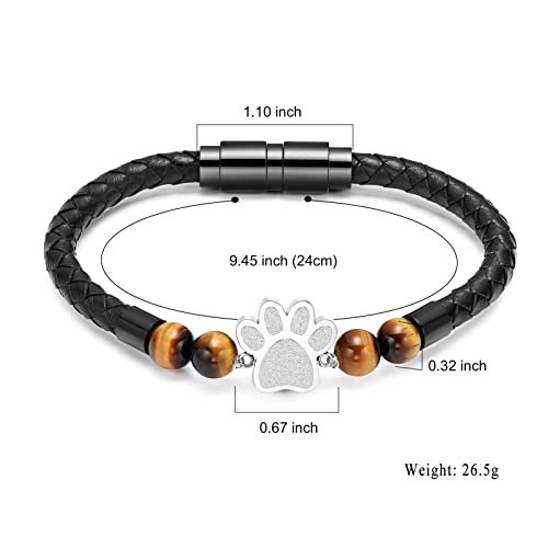 Minicremation Paw Print Urn Bracelet Cremation Jewelry Lava Stone Urn Bracelet for Ashes for Women Men Chakra Healing Balancing Genuine Leather Memorial Bracelets Black-24CM