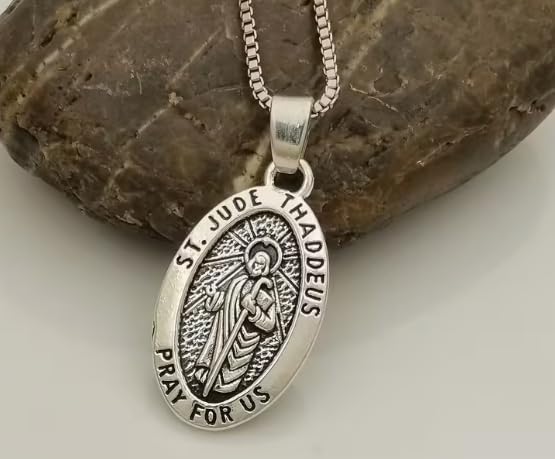 Royal Swan Antique Silver St Jude Thaddeus Medal Necklace, Patron Saint Pendant, 60cm Sterling Silver Plated Box Chain, Christian Jewelry with Velvet Gift Bag. Medal 28x16mm.