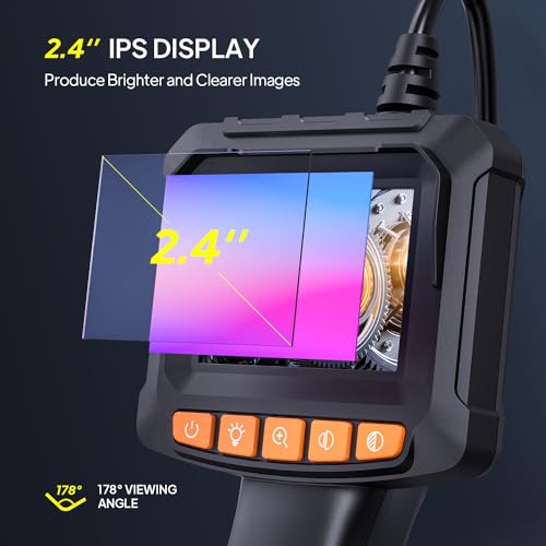 Qimic Endoscope Camera with Light, 1080P HD Tube Camera with 8 LEDs, 2.4 Inch IPS IP67 Screen, Inspection Camera, Live Picture with 2 x Zoom, Semi-Rigid Cable, 16.4 ft, 2000 mAh Battery 2.4in-5m