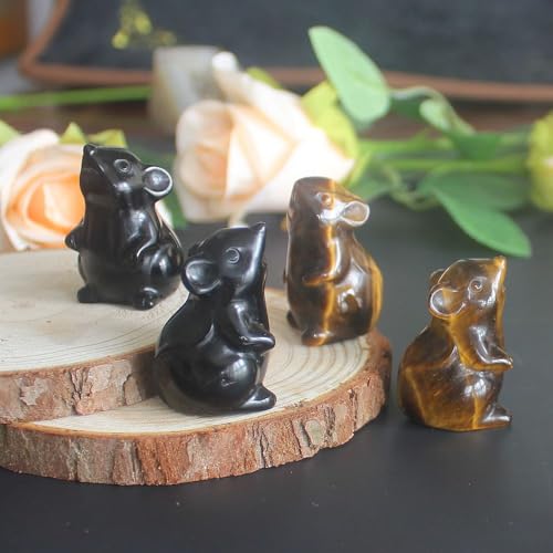 Hand Carved Mixed Gemstone Crystal Mouse Rat mice Figurine Animal Carving Statue Office Home Decor 1.5'' (Gold+Black) Gold+black