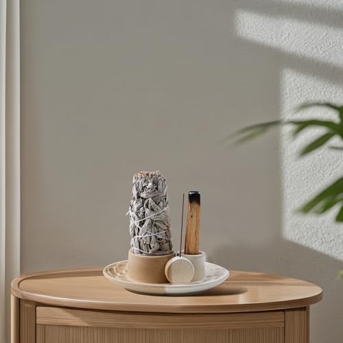 4 in 1 Incense Holder, Ceramic Incense Stick and Palo Santo Holder,Sage Holder for Burning- 5.5" Ceramic Ash Catcher Tray for Meditation and Yoga Room (Sand) Sand