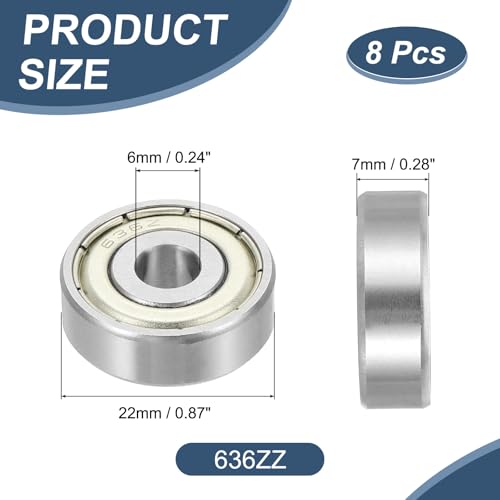 sourcing map 8 Pack 636ZZ Deep Groove Ball Bearings, 6x22x7mm Chrome Steel Double Shield Bearing for Electric Motor, Home Appliances, Garden Machinery, (ABEC5)