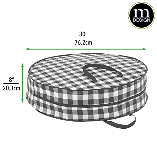mDesign Round 30" Wreath Storage Container with Handles, Fabric Christmas Wreath Storage Bag, Protector, Garland Storage Bag Container, Holiday Decoration Organizer - 2 Pack, Buffalo Plaid Black/White 30 x 30 x 8