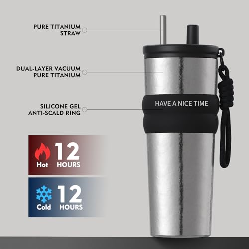 ZING TTI Titanium Coffee Tumbler with Titanium Straw & Flip Lid, Hot & Cold Beverage Travel Mug, Double-Wall Vacuum Insulated Cup, Portable Coffee Cup with Gift Box, 24 oz (green) Green