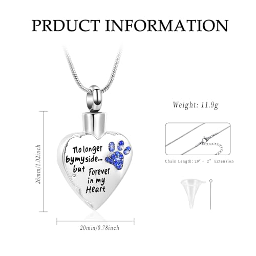 Urn Necklace for Ashes Personalized Urn Pendant Heart Necklace Pets Paw Print Keepsake Waterproof Memorial Gifts for Dogs A-Silver-Blue