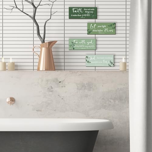 4 Pieces Christian Bible Verses Wall Decor Wooden Religious Art Green Sage Bathroom Decor Religious Gifts for Women Office Home Bedroom Bathroom Living Room(Green 10x4 Inches)
