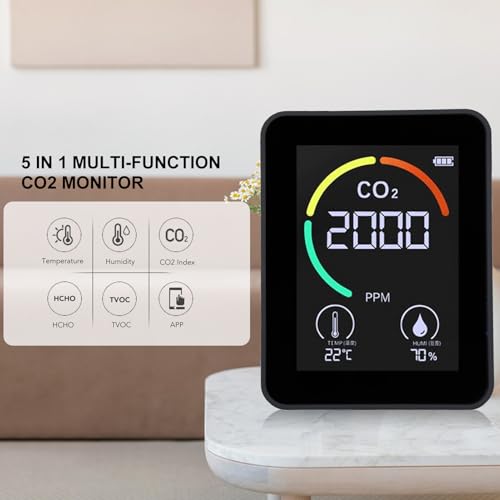 [Australia - AusPower] - ASHATA 5 in 1 Carbon Dioxide Detector, Portable CO2 Detector Support HCHO TVOC Temp Humi Moniting, Detect Carbon Dioxide Concentration in The Air, ASHATA3g9kvhw4uq 