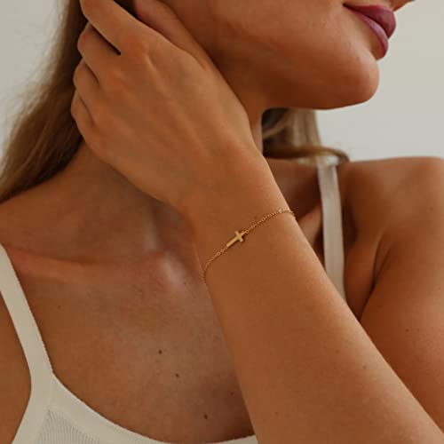 18K Gold Plated Pearl Beaded Cross Bracelets for Women Adjustable Tiny Cross-Gold
