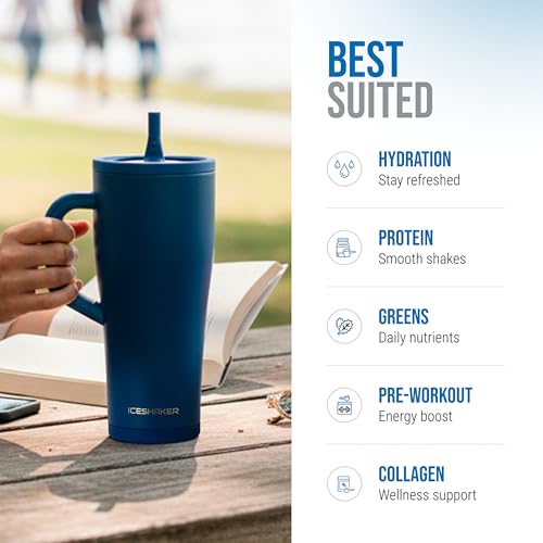 Ice Shaker 32 oz Tumbler with Handle and Straw | 32oz Navy | Cold for 30+ Hours | 2-in-1 Tumbler Shaker Bottle | Odor-Free 32 ounce Bottle for Water, Protein Shakes, Smoothies, Cocktails