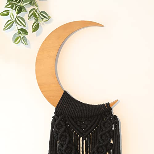 Macrame Wall Hanging Boho Moon Decor, Crescent Wooden Ornament with Tassel Black