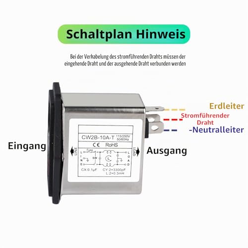 Jadeshay Mains Filter, CW2B-10A-T EMI Filter 10A Single-Phase Mains Filter Socket Electromagnetic Interference Filter 50/60Hz AC 115V/250V