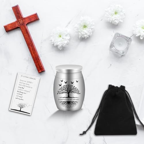 6 Set Small Urns for Ashes Cremation Urns 1.57 Inch Silver Ashes Keepsake Funeral Urn with Memorial Cards and Velvet Bag for Human Pet Ash (Tree of Life) 6 Set Tree of Life mini