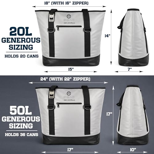 Soft Sided Cooler Tote Bag – Waterproof Leakproof Insulated Dry Bag Cooler with Zipper Top, Collapsible Beach, Pool, Boat, Grocery Cooler (20 or 36 Cans) Grey 20 Liter