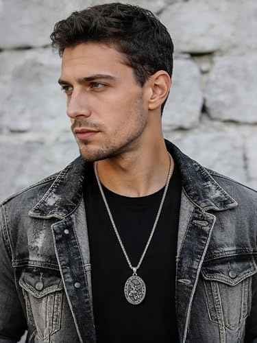 FaithHeart Saint Michael Pendant Necklace for Men, with 22"+2" Wheat Chain 00. Oval-Silver Stainless Steel