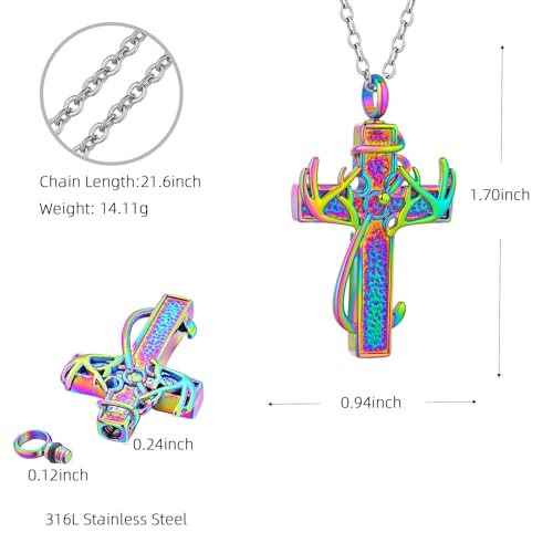 Antler & Fish Hook Cross Cremation Jewelry Urn Necklace Stainless Steel Design Memorial Keepsake for Ashes Cross Ashes Holder Keepsake Loved One Memorial Jewelry Colorful