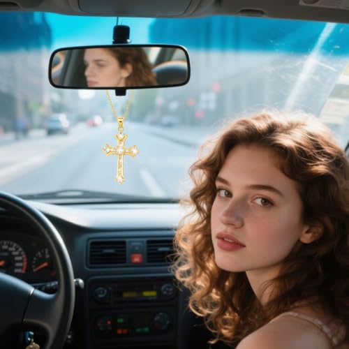 Bling Cross Car Mirror Hanging Ornament, Crystal Rhinestone Christian Rear View Mirror Hanger Charm, Diamond Religions Automotive Rearview Pendant, Universal for SUV Van Truck (Golden) Golden