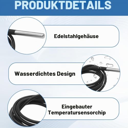 Menibeuty Pack of 5 DS18B20 Temperature Sensors, 2 m Cable Waterproof Stainless Steel Probe Temperature Sensor Temperature Cable, Compatible with Arduino RB Pi Shell Addon Including E-Book (-55°C to 5 pieces 2 m