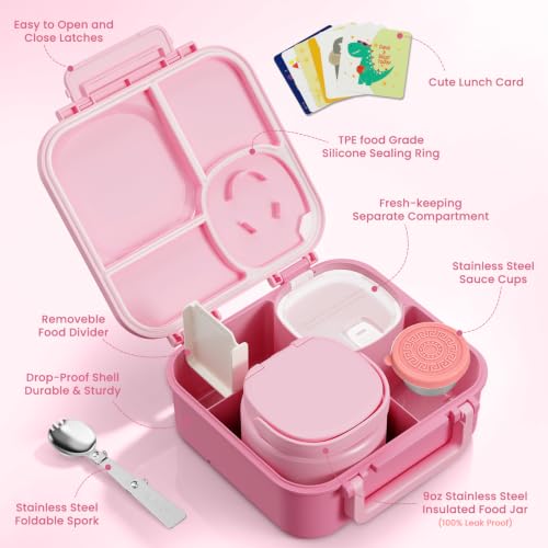 wiwens Kids Bento Lunch Box with Soup Thermo Food Lunch Container for Kid Pink