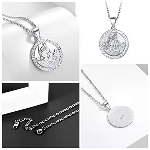 St Christopher Necklace for Women, 925 Sterling Silver Coin Pendant with Adjustable Chain 46cm Plus 5cm