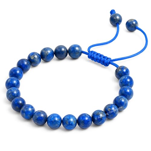 Amazing Gemstone Lapis Lazuli Bracelet for Women Men's Gifts - Protection Healing Crystal Bracelet - 8mm Gemstones Beaded Adjustable Bracelet Pulseras para Hombres Mujer Stocking Stuffers