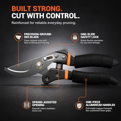 DECERK bypass pruning shears with orange cushioned foam grips for arthritic hands