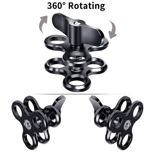 3-Hole 1" Aluminum Underwater Camera Clamp Ball Mount (2-Pack) - Underwater Bracket for Diving Light Arms & Camera Trays, Saltwater-Resistant Adapter for Scuba Photography/Videography Gear Triple Holes Black