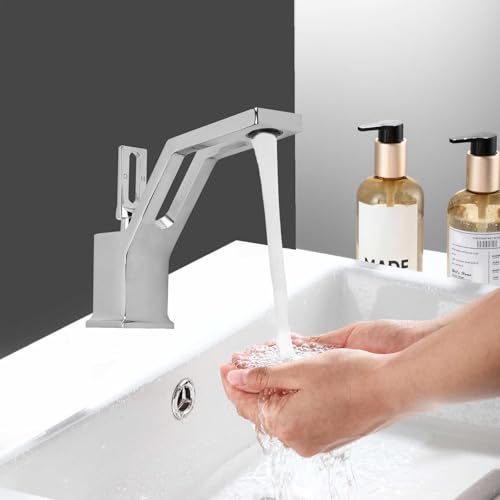 Bathroom Taps Sink Mixer Tap, Chrome Basin Mixer Tap Single Handle, Hot Cold Water Faucet for Bathroom Basin Cloakroom, Modern Square Design Easy Clean