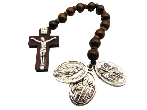 Westmon Works Catholic Rosary Chaplet Set Wooden Prayer Beads Metal Charms of Saint Michael St Benedict and Our Lady of Grace with Three Holy Cards Pack