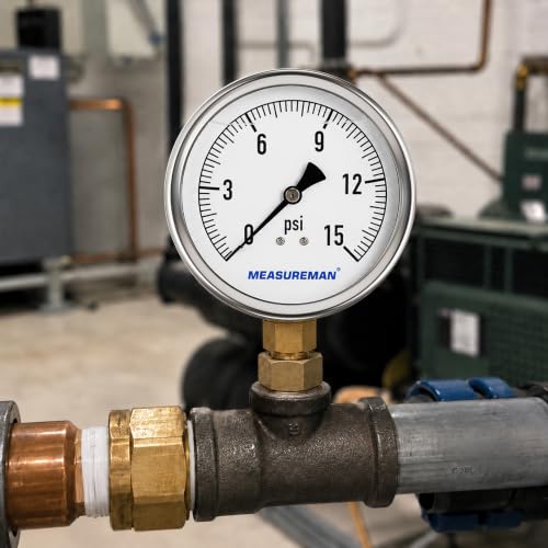 MEASUREMAN 4 Inch Glycerin-Filled Pressure Gauge, 0-15 PSI, 1/4 NPT