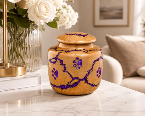 Pet Urn for Dogs and Cats, Resin Epoxy Decorative Memorial with Velvet Bag, Unique Fractal Burning Design Keepsake, 15 cu inch Wooden Small Keepsake 15 lbs