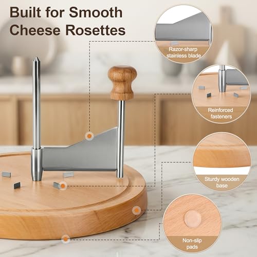 Cheese Curler Wheel, Girolle Cheese Shaver for i.a. Tête de Moine & Chocolate, Steel Cheese Curler with Wooden Base, Cheese Flower Shaver for Boards, Parties, Desserts