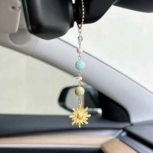 3 Pcs Christian Car Accessories for Women - Rear View Mirror Cross, Steering Wheel Rosary Charm & Air Vent Clip - Cute Girly Bling Car Decor (Green) Green