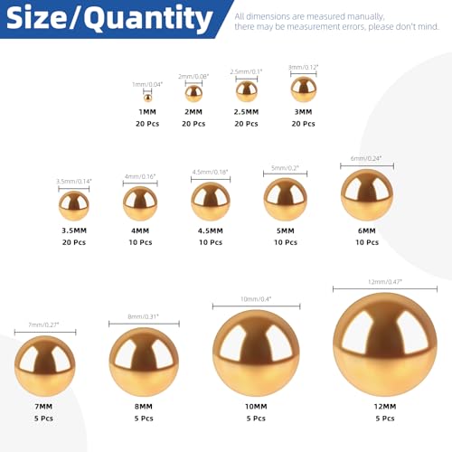 Glarks 160pcs 1-12mm 13 Sizes Metric Precision Chrome Steel Assorted Loose Bicycle Solid Brass Bearing Balls Assortment Kit
