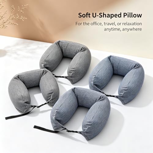 Microbead Sleep Head Pillow Portable Travel Neck Pillow, Breathable Soft Stretchy Fabric for Plane, Car, Office & Home Naps (Blue) Blue Stripes