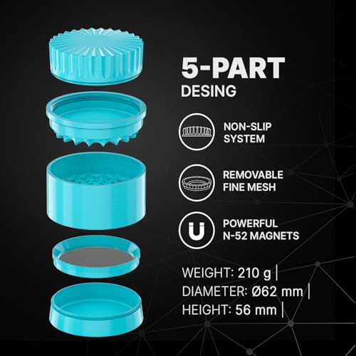 Premium Ceramic Grinder CERAMIC DRAGON 3.0 | Dragon Crystal Ceramic Coating | 5 Pieces with N52 Magnets | 62 mm Ø | Grinder for Herbs and Spices. Blue