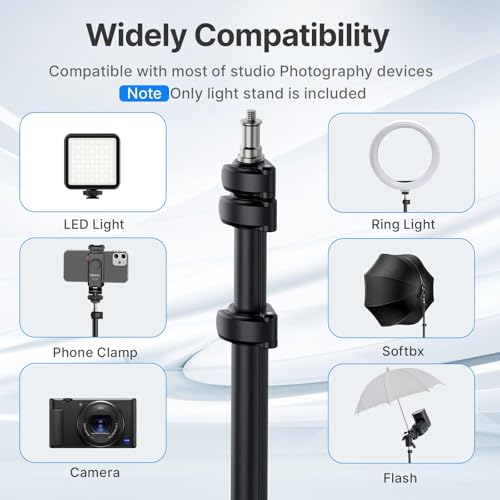 ULANZI Black Aluminum Light Stand, 6.32ft Extendable Tripod for Strobe Lights, Webcams, Cameras & Softboxes 6.3 ft