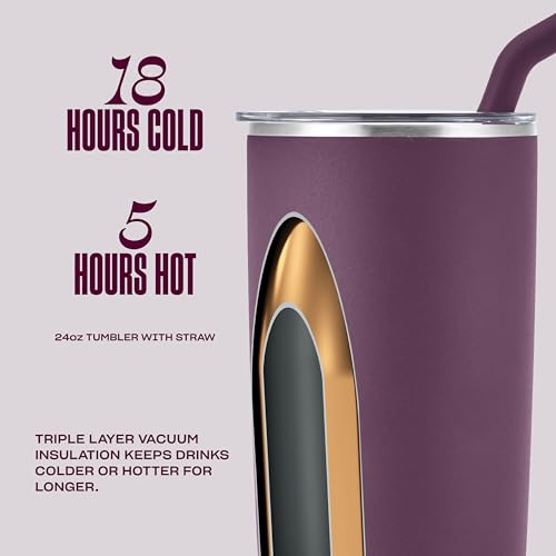 S'well Stainless Steel Tumbler with Straw and Slide-Open Lid, 24oz, Plum, Triple Layered Vacuum Insulated Container Keeps Drinks Cold for 18 Hours and Hot for 5, BPA Free