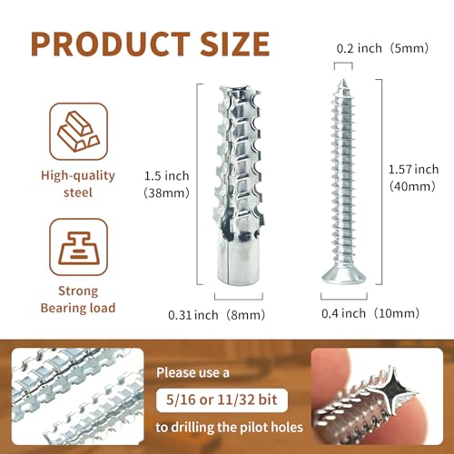 BOLTRIX heavy duty hollow wall anchors with screws, silver 8x38mm loose hinge and stripped hole repair kit, 60 pack