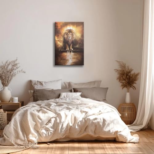 Framed Animal Print Majestic Lion Canvas Wall Art Spiritual Jungle Poster Inspirational Christian Painting Nature Wildlife Gallery Wrap Print for Home Decor 16x24 Inch Ready to Hang Lion and Lamb 16x24in