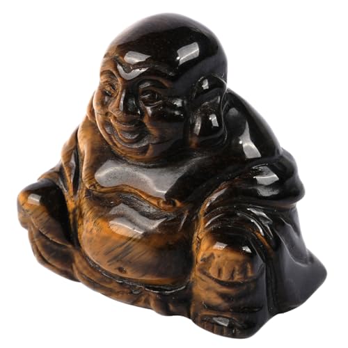 Tiger’s Eye Happy Laughing Crystal Buddha Statue, 1.5 Inch Small Ornament for Home, Mini Buddhism Gift, Carved Buddha Figurine, Good Luck Charm, Pocket Stone