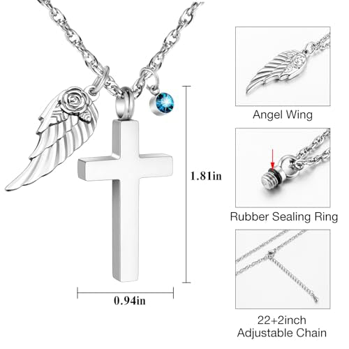 Dletay Cross Urn Necklace for Ashes with 12 Birthstones Cremation Jewelry for Ashes for Women Memorial Ash Keepsake Urn Pendant Silver
