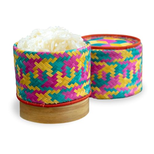 Mini Bamboo Sticky Rice Serving Basket Set – 4-Piece 4" Diameter Thai Wicker Kratip, Handmade Bamboo Sticky Rice Container, Food Safe for Authentic Thai Cuisine