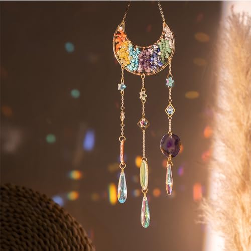 Crystal Hanging Decor Moon Wall Ornament with Agate Crystal Sun Catcher