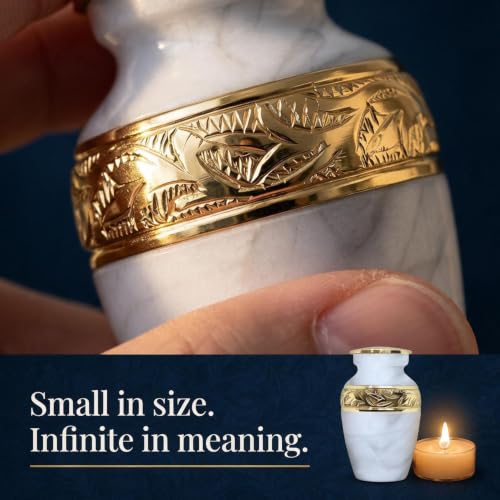 Small Urns for Human Ashes Keepsake, 2.9 Inch – Handcrafted White Memorial Urn with Brass Accent – Mini Remembrance Urn for Sharing Ashes Small